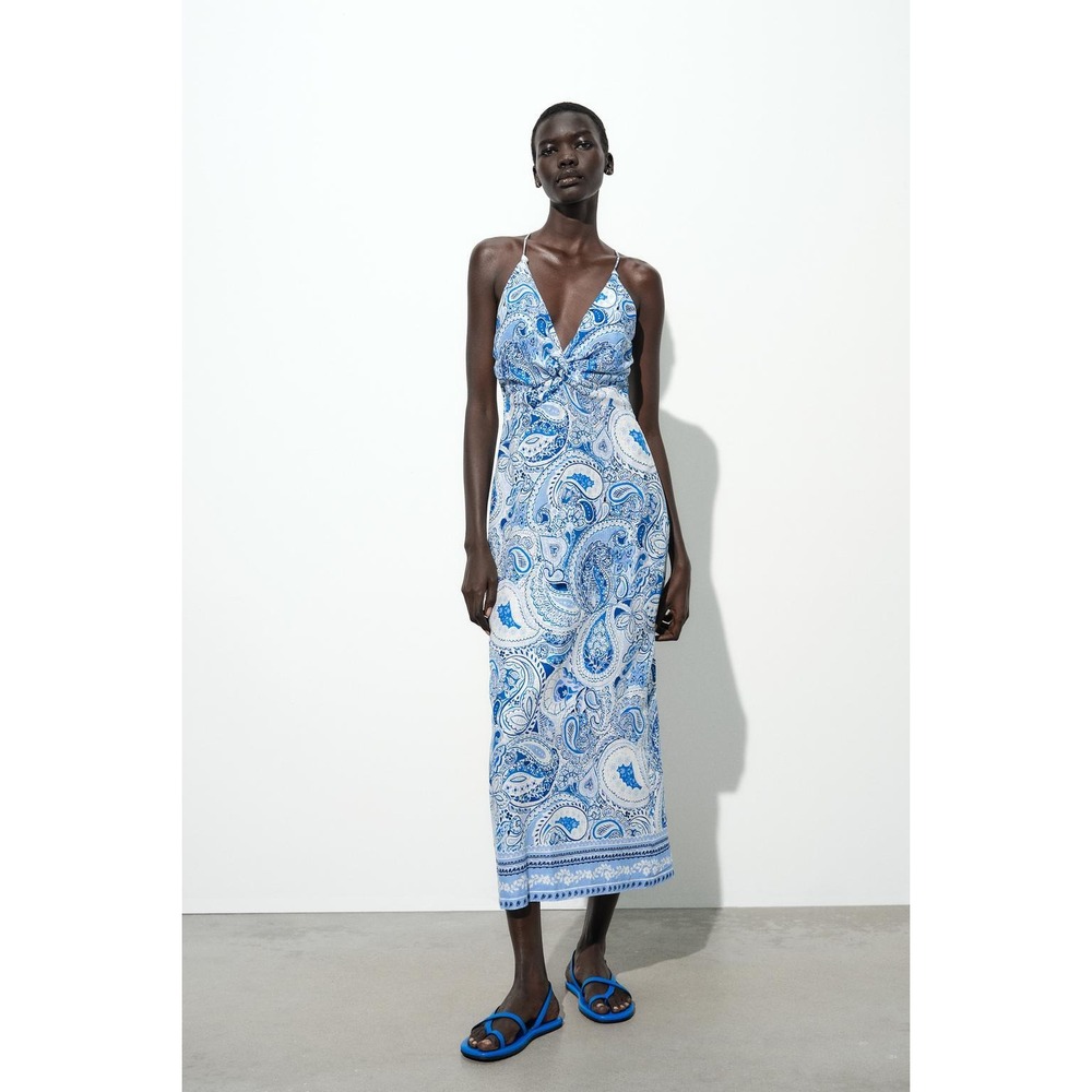 Zara Womens Paisley Print Blue Linen Blend Strappy Midi Dress Size M